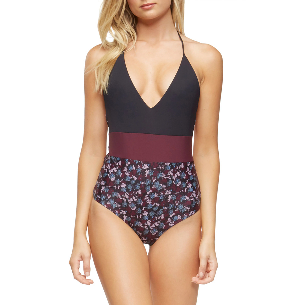 Tavik Black Purple Floral Chase Reversible One Piece Swimsuit Small NEW